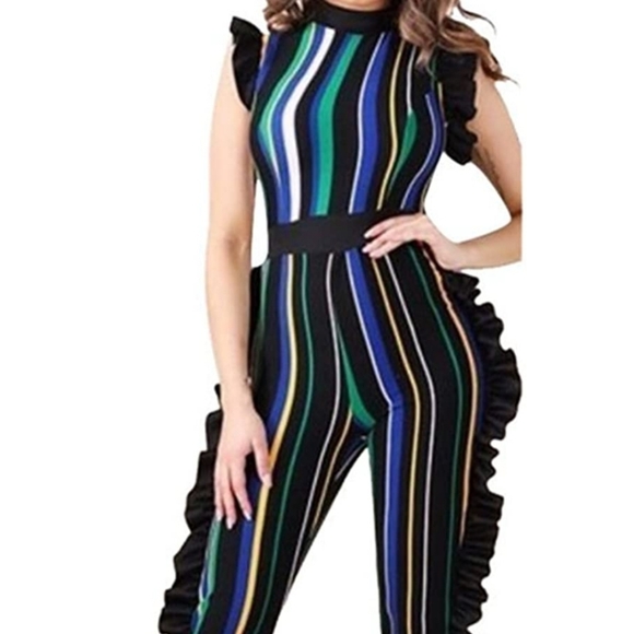 no brand Pants - Women's Sleeveless Stripe RuffleBodycon Long Pants High Waist Jumper size 3X